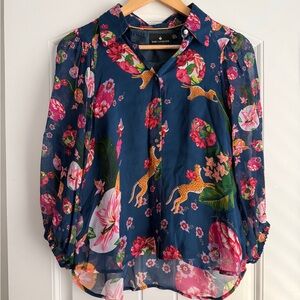 Emily Lovelock Blouse in Navy Blue Floral and Leopard Print
